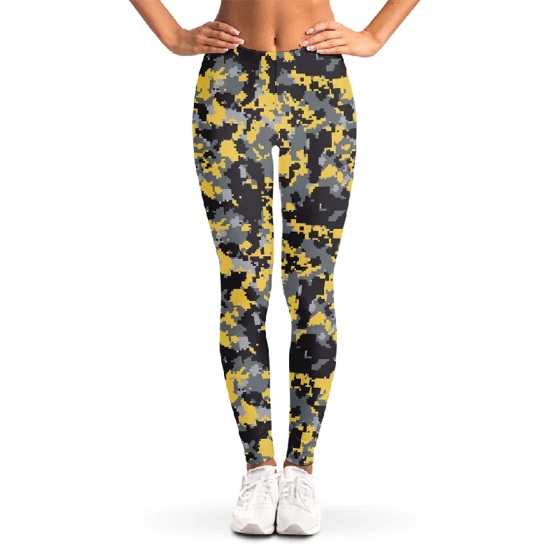 Yellow Black And Grey Digital Camo Print Women's Leggings Trendy Cold Weather Tights