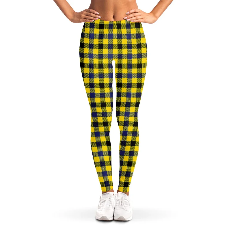 Yellow Black And Navy Plaid Print Women's Leggings Fashionable Fitted Workout Leggings