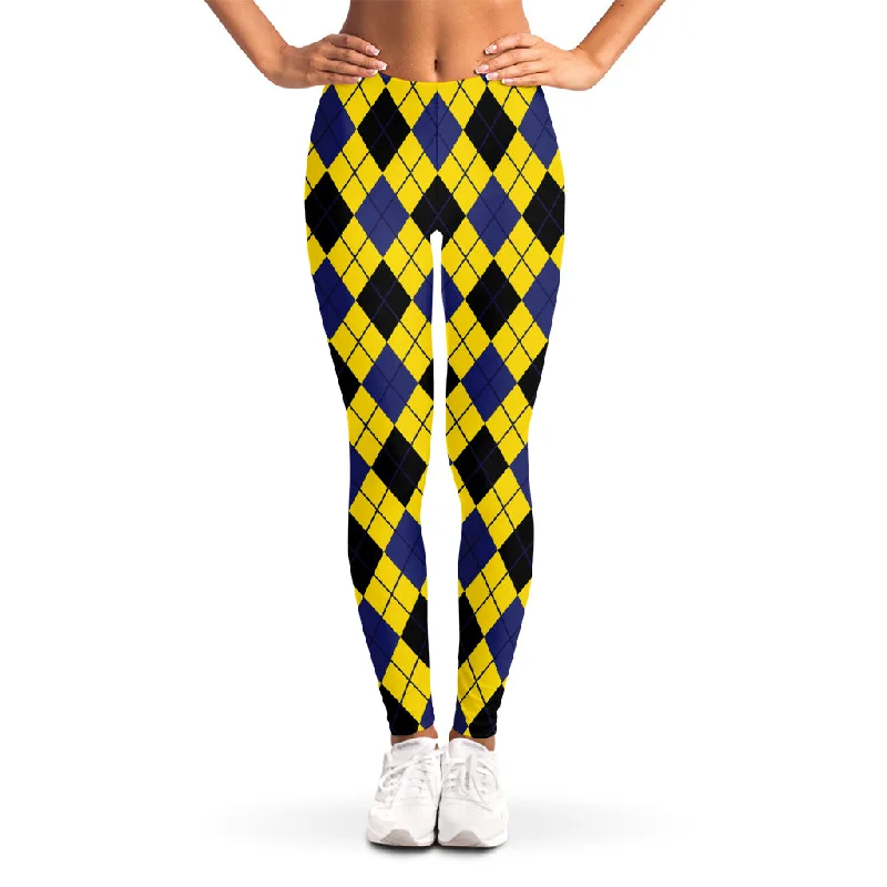 Yellow Blue And Black Argyle Print Women's Leggings Trendy Leather-Look Workout Leggings