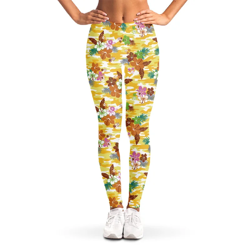 Yellow Camo And Hibiscus Flower Print Women's Leggings Comfortable Leggings with Pockets