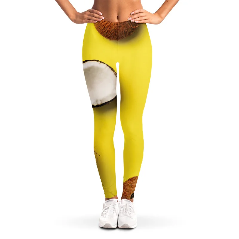 Yellow Coconut Pattern Print Women's Leggings Cozy Workout Performance Leggings