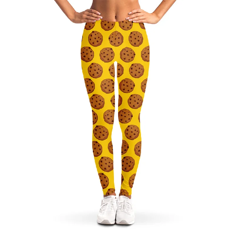 Yellow Cookie Pattern Print Women's Leggings Trendy Polka Dot Leggings