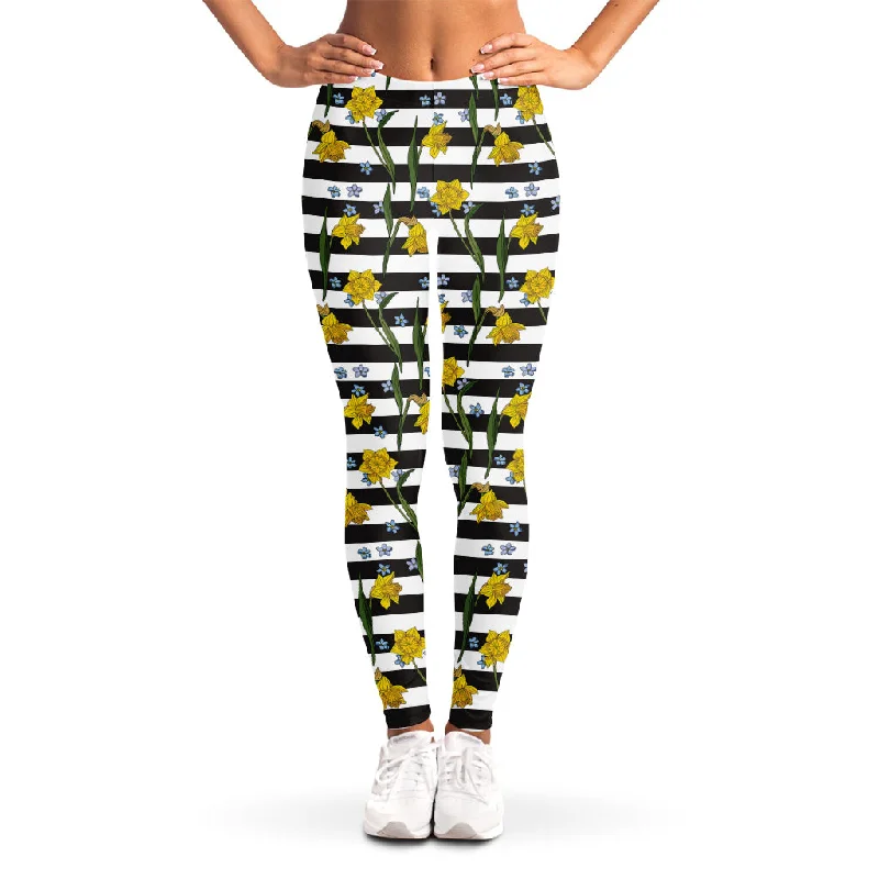 Yellow Daffodil Striped Pattern Print Women's Leggings Fashionable Sports Leggings