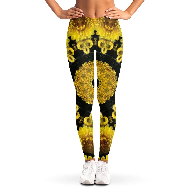 Yellow Flower Kaleidoscope Print Women's Leggings Fashionable Quick-Dry Yoga Pants