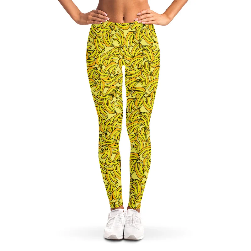 Yellow Geometric Banana Pattern Print Women's Leggings Fashionable Solid Color Tights