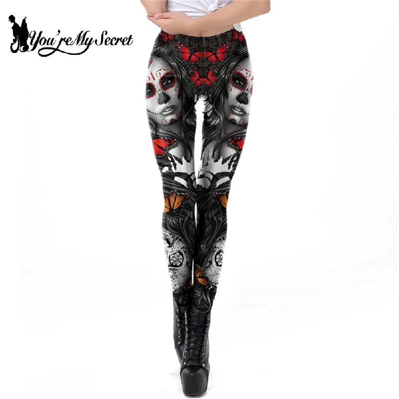 [You're My Secret] 2021 New Gothic Printed Leggings For Women Halloween Skull Sexy Legging Rose Pattern Fitness Workout Leggins Fashionable Floral Active Leggings