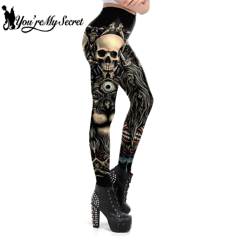 [You're My Secret] Brand Hot Sale Leggings Gothic Skull Punk Women Legging Retro Mid Waist PUSH UP Leggins Workout Ankle Pants Fashionable Smooth Fit Leggings