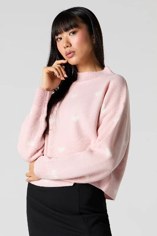 Heart Jacquard Knit Sweater Fitted Loose Oversized