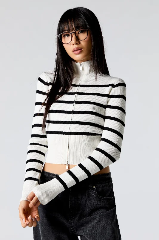 Striped Ribbed Knit Zip-Up Mock Neck Sweater Chenille Fabric Brocade Fabric Lace Fabric