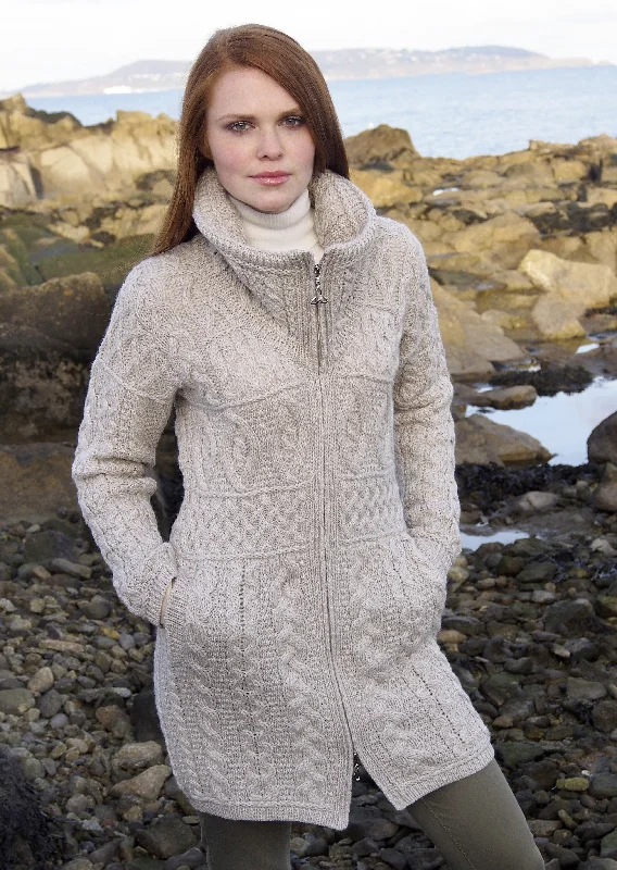 Double Collar Aran Sweater Coat | Oatmeal Cotton Fabric Linen Fabric Terry Fabric