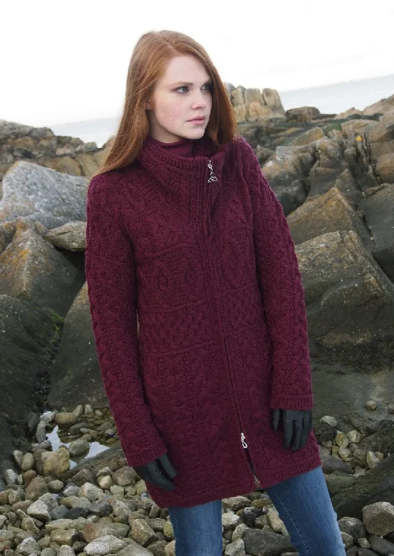 Double Collar Aran Sweater Coat | Wine Mesh Blend Leather Blend Suede Blend