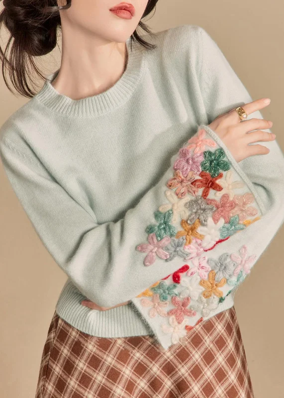 Art Light Blue O Neck Floral Patchwork Knit Sweater Flare Sleeve Herringbone Houndstooth Plaid