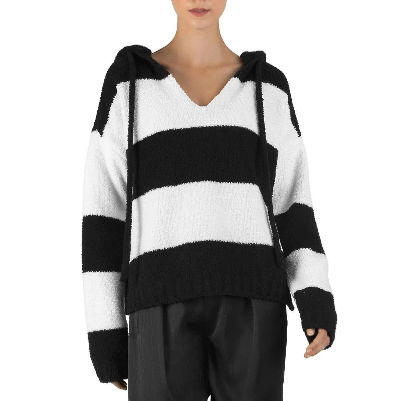 ATM Womens Chenille  Striped Hoodie V-Neck Sweater High Neck Crew Neck V-Neck