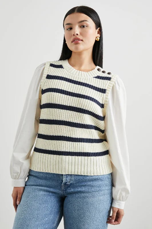 BAMBI SWEATER - IVORY NAVY STRIPE Boat Neck Shawl Collar Notched Collar