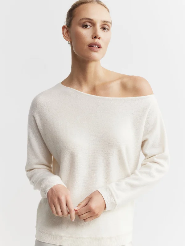 Cashmere Off Shoulder Sweater - Cream Herringbone Houndstooth Plaid