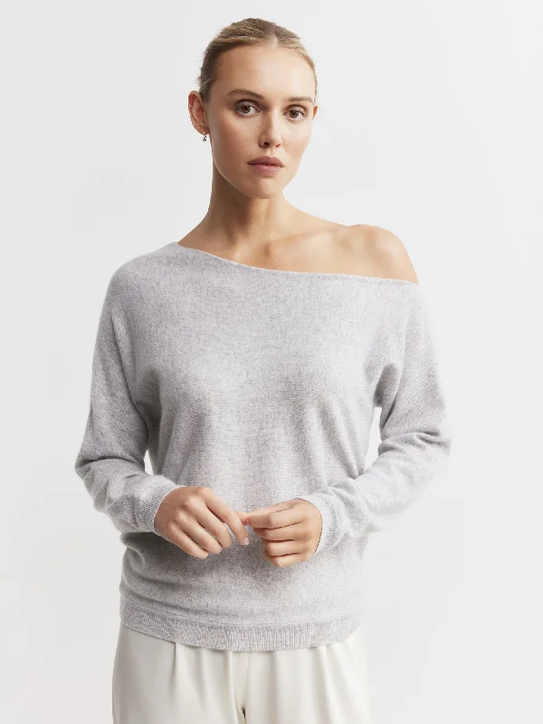 Cashmere Off Shoulder Sweater - Grey Melange Spandex Blend Rayon Blend Denim Blend