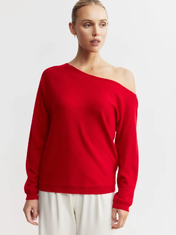 Cashmere Off Shoulder Sweater - Red Lace Blend Ribbed Blend Corduroy Blend