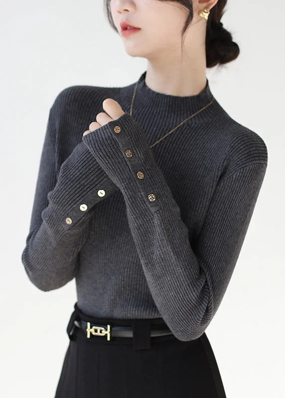 Classy Dark Grey Hign Neck Patchwork Knit Sweaters Winter Mesh Sweater Canvas Denim