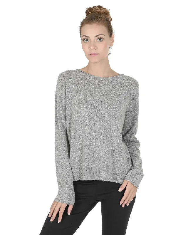 Crown of Edinburgh Cashmere Women's Cashmere Boatneck Sweater for Women in Grigio Peltro - M Ribbed Striped Patterned