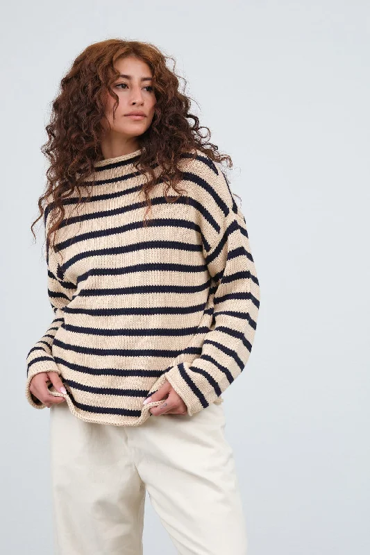 Lamis Stripe Sweater in Natural/Navy Collared Crew Neck Turtle Neck