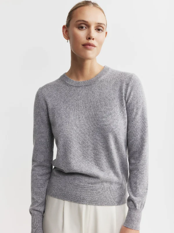 Essential Cashmere Rib Crew Sweater - Dark Grey Melange Herringbone Houndstooth Plaid