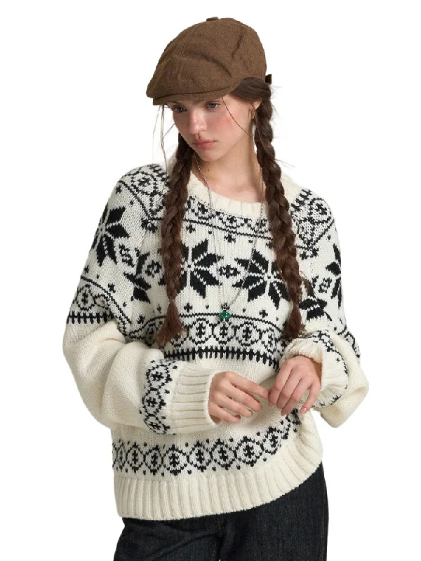 Fair Isle White Jacquard Sweater Embroidered Appliqued Beaded