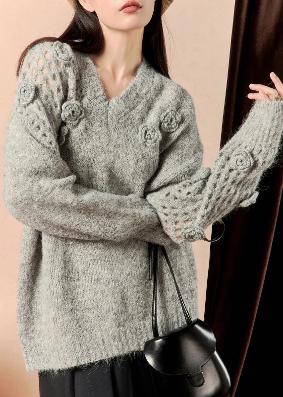 Floral Grey V Neck Hollow Out Knit Sweater Winter Cable Knit Ribbed Knit Lace Knit