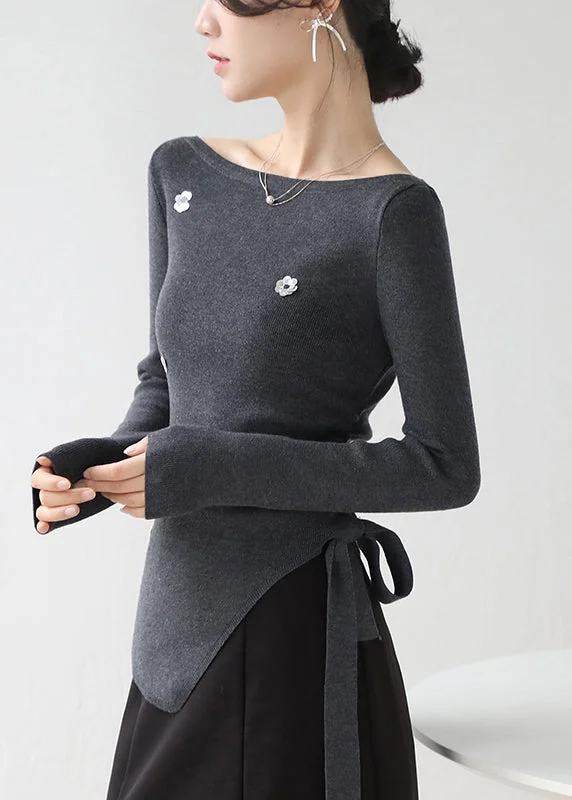 French Dark Grey Asymmetrical Sequins Floral Knit Sweater Winter Boxy Sweater Fitted Sweater A-Line