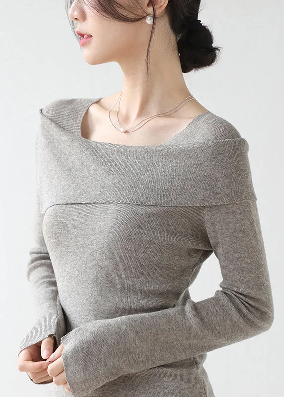 French Grey Slash Neck Patchwork Slim Fit Knit Sweaters Winter Satin Blend Silk Blend Wool Blend