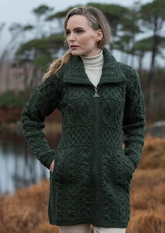 Double Collar Aran Sweater Coat | Green Houndstooth Herringbone Solid