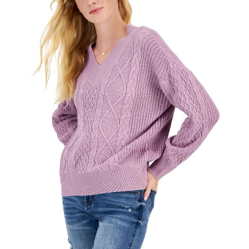 Hippie Rose Womens Juniors Cable Knit Comfy V-Neck Sweater Solid Color Striped Floral Print