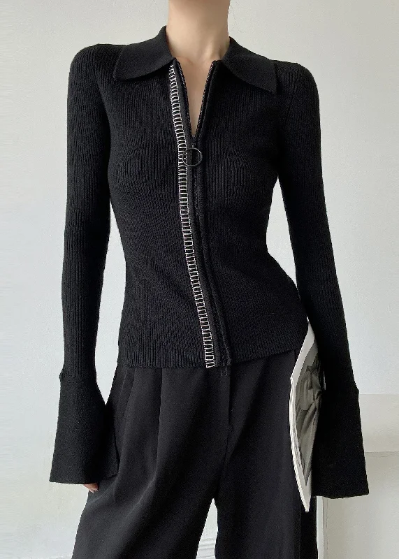 Italian Black Peter Pan Collar Zip Up Patchwork Woolen Sweaters Winter Thin Thick Dense