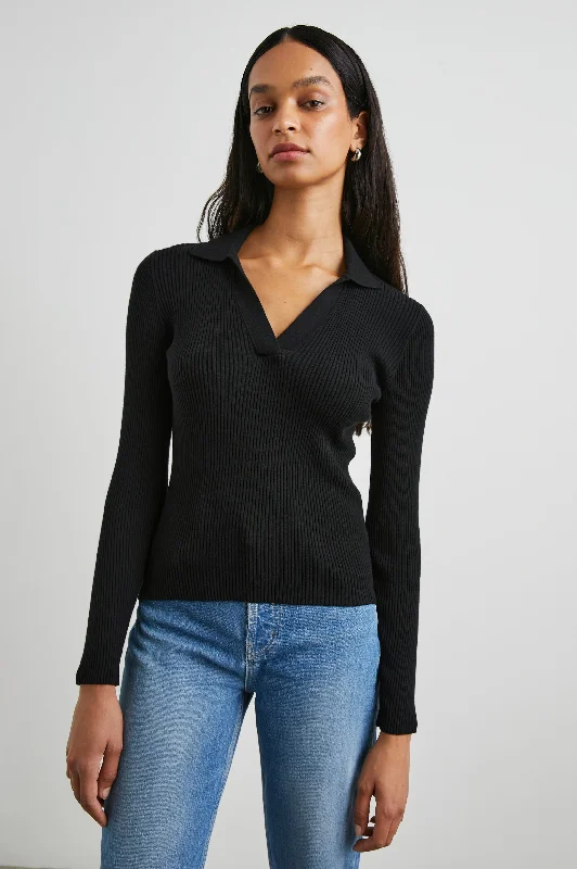 KENNEDY SWEATER - BLACK Boat Neck Shawl Collar Notched Collar