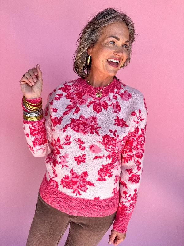 Floral Frenzy Sweater - Pink Hooded Caped Shawl Collar