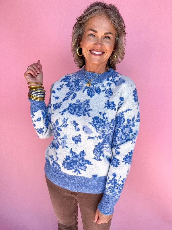 Floral Frenzy Sweater - Blue Front Pockets Side Pockets Patch Pockets