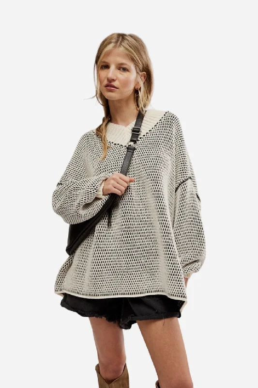 Free People Maisie Knit Oversized Sweater in Ivory Black Fitted Loose Oversized