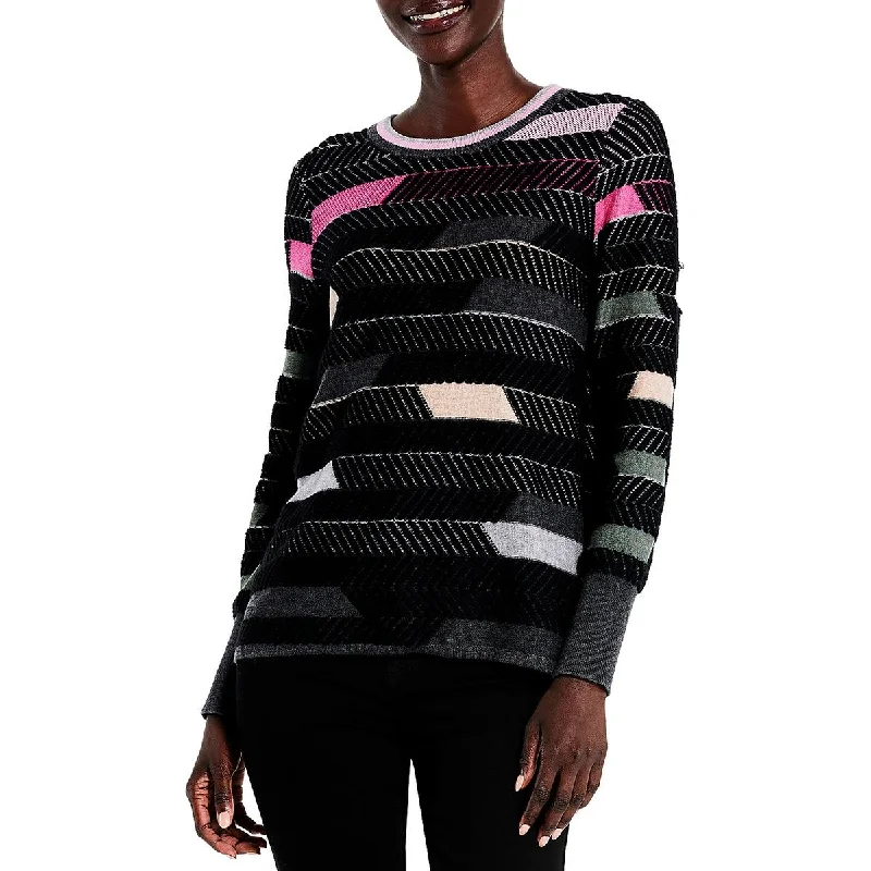 Nic + Zoe Womens Knit Striped Crewneck Sweater Notch Collar Peter Pan Collar Cowl Neck