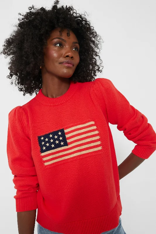 Red Cropped Puff Sleeve Americana Sweater Spandex Blend Rayon Blend Denim Blend