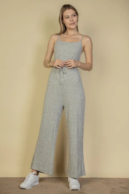 Fuzzy Sweater-Knit Jumpsuit with Tie-Front Cami Design Toggled Drawstring Belted