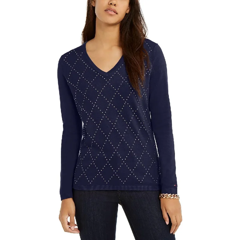 Tommy Hilfiger Womens Cotton Studded Argyle V-Neck Sweater Graphic Sweater Embroidered Appliqued