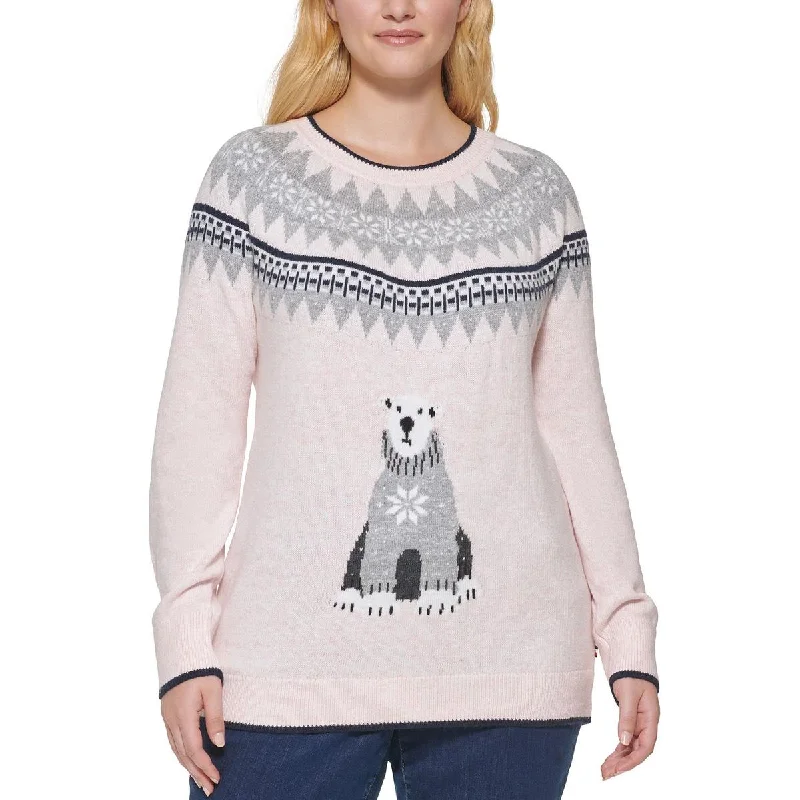 Tommy Hilfiger Womens Plus Polar Bear Fairisle Ribbed Trim Crewneck Sweater Spandex Blend Rayon Blend Denim Blend