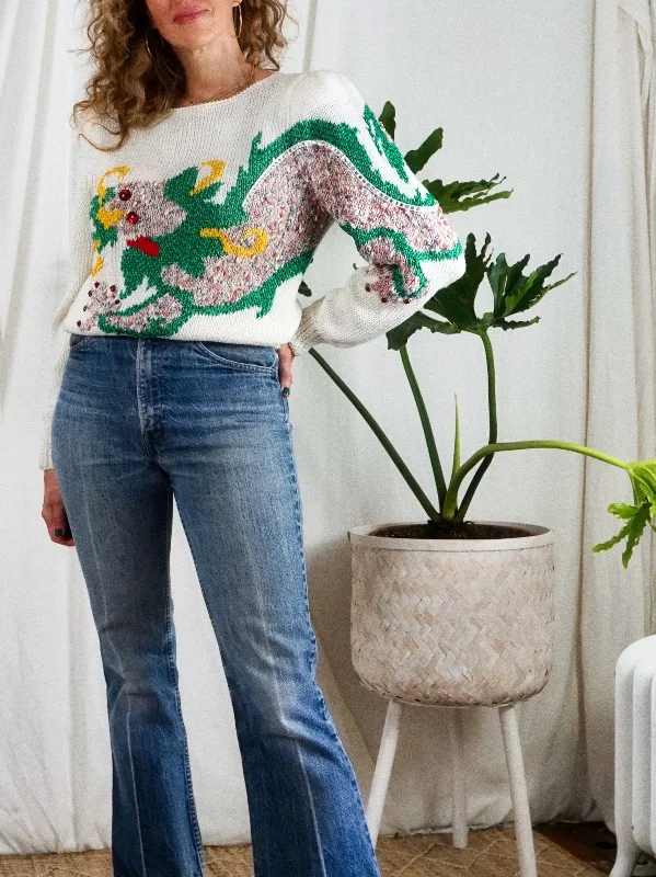 Vintage Dragon Bejeweled Handknit Sweater Thin Thick Dense