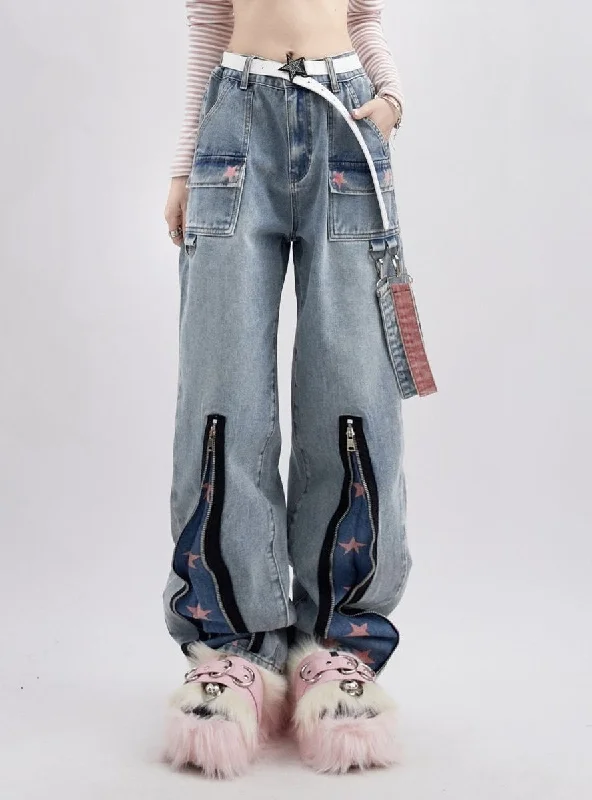 Star Print Loose Jeans Elegant Dark-Wash Bootcut Jeans