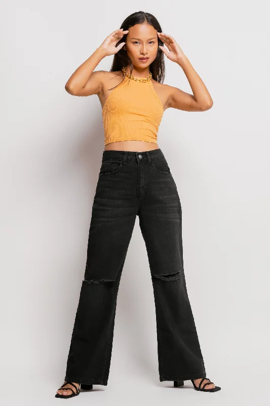 90's Distressed Charcoal Wide Jeans Elegant Wide-Leg Jeans