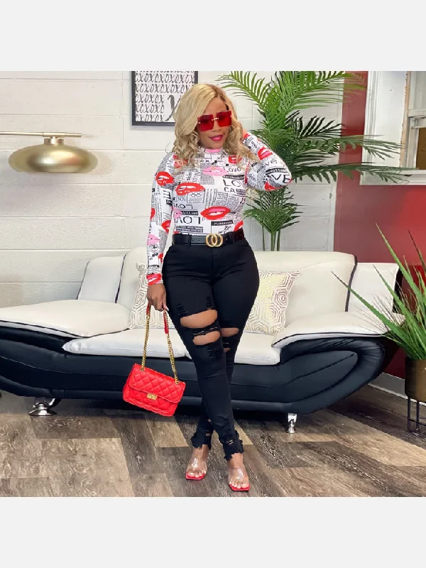 Black Cut Out High Waisted Denim Jeans Comfortable Distressed Straight-Leg Jeans