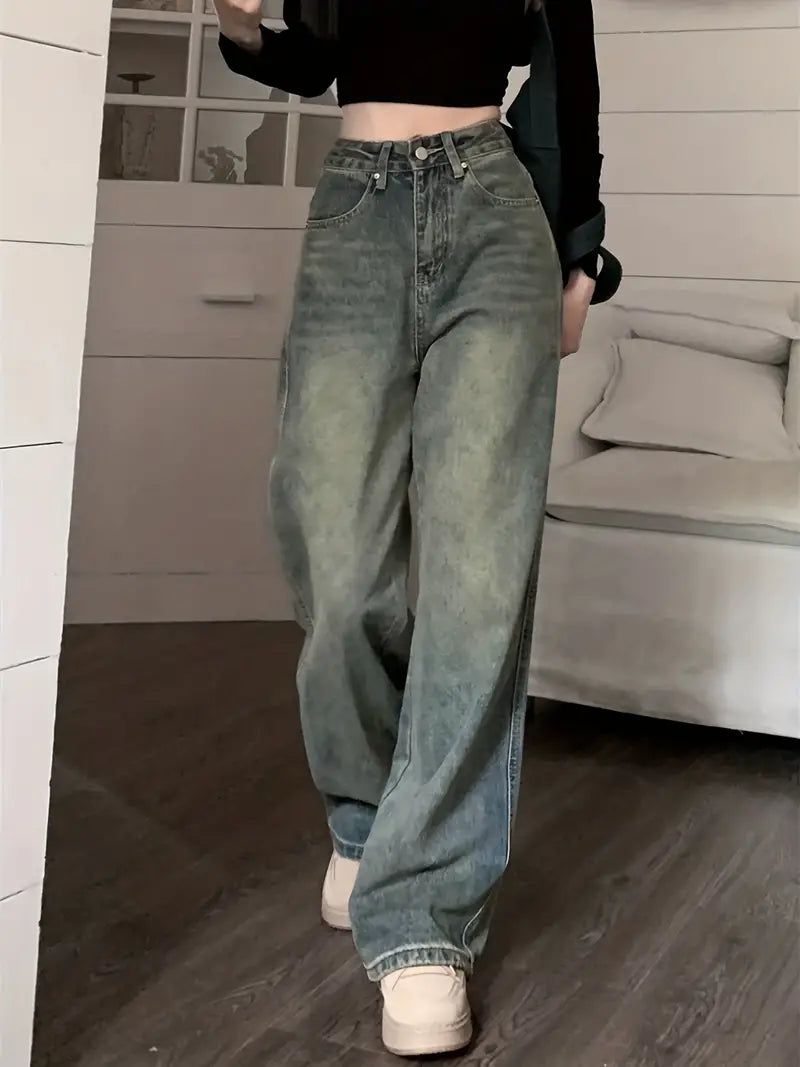 Blue High Waist Straight Casual Wide Legs Jeans Stylish High-Waist Jeans