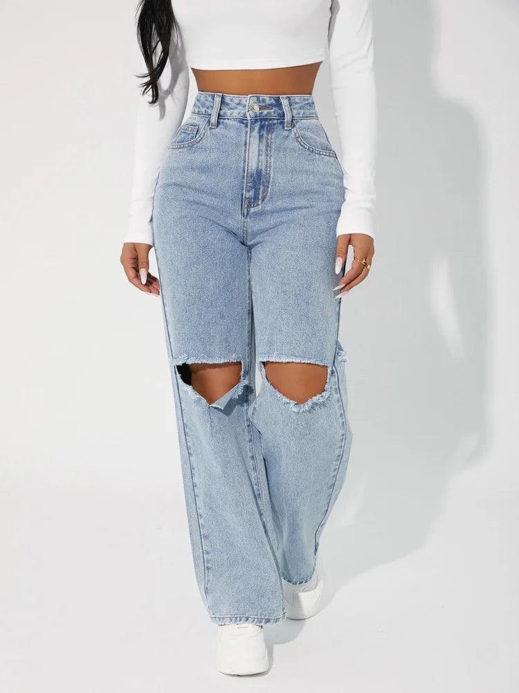 Blue High Waisted Ripped Knee Jeans Trendy Skinny High-Waist Jeans
