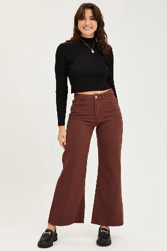 Brown Flare Denim Jeans High Rise Trendy Flared Leg Jeans