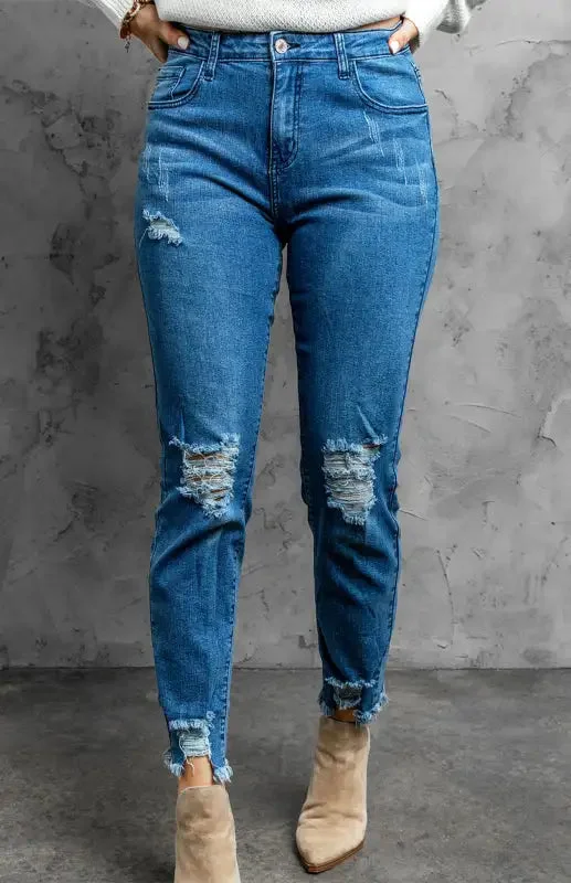 Classic Medium Rise Ripped Slim Fit Washed Jeans Comfortable Low-Rise Jeans