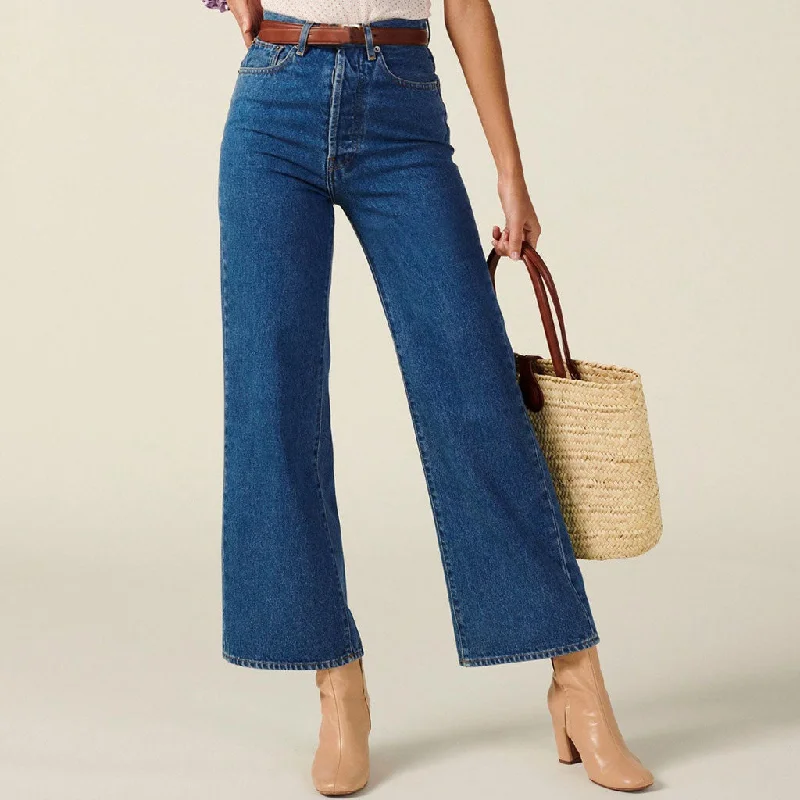 Classy High Waist Ankle Length Wide Leg Jeans - Dark Blue Comfortable Drawstring Waist Jeans Classy High Waist Ankle Length Wide Leg Jeans - Dark Blue Comfortable Drawstring Waist Jeans